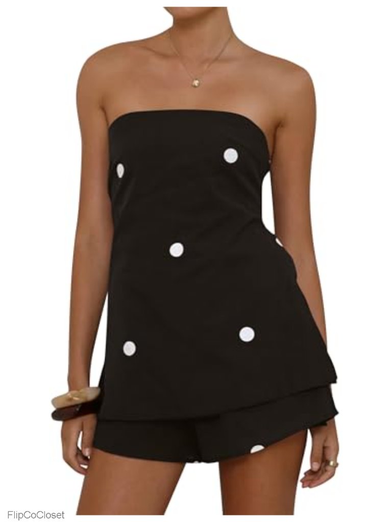 Polka Dot Two Piece Lounge Set Smocked Strapless Top Shorts Vacation Pajamas